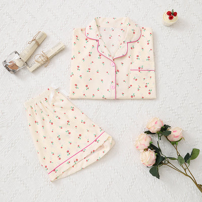 Summer Bubble Wrinkle Pink Floral Cute Cartoon Short Sleeve Shorts Women Thin Homewear Two Piece Sets