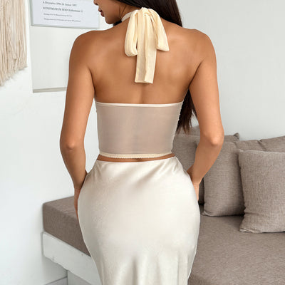 Solid Color Elegant Socialite Summer Elegance Semi Transparent Boning Corset Sexy Pearl Embellished Halter Top