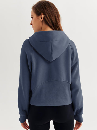 Half Zipper Pullover Hooded Sweatshirt Fleece Short Chic Scuba Sweater for Women
