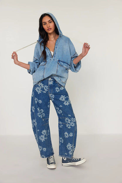 Autumn Loose Casual Washed Hooded Denim Long Sleeved Tops