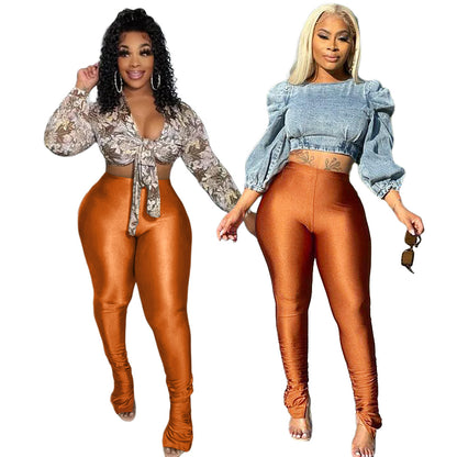 Women Clothing Nightclub Uniforms Reflective Cloth Fold Split High Waisted Trousers