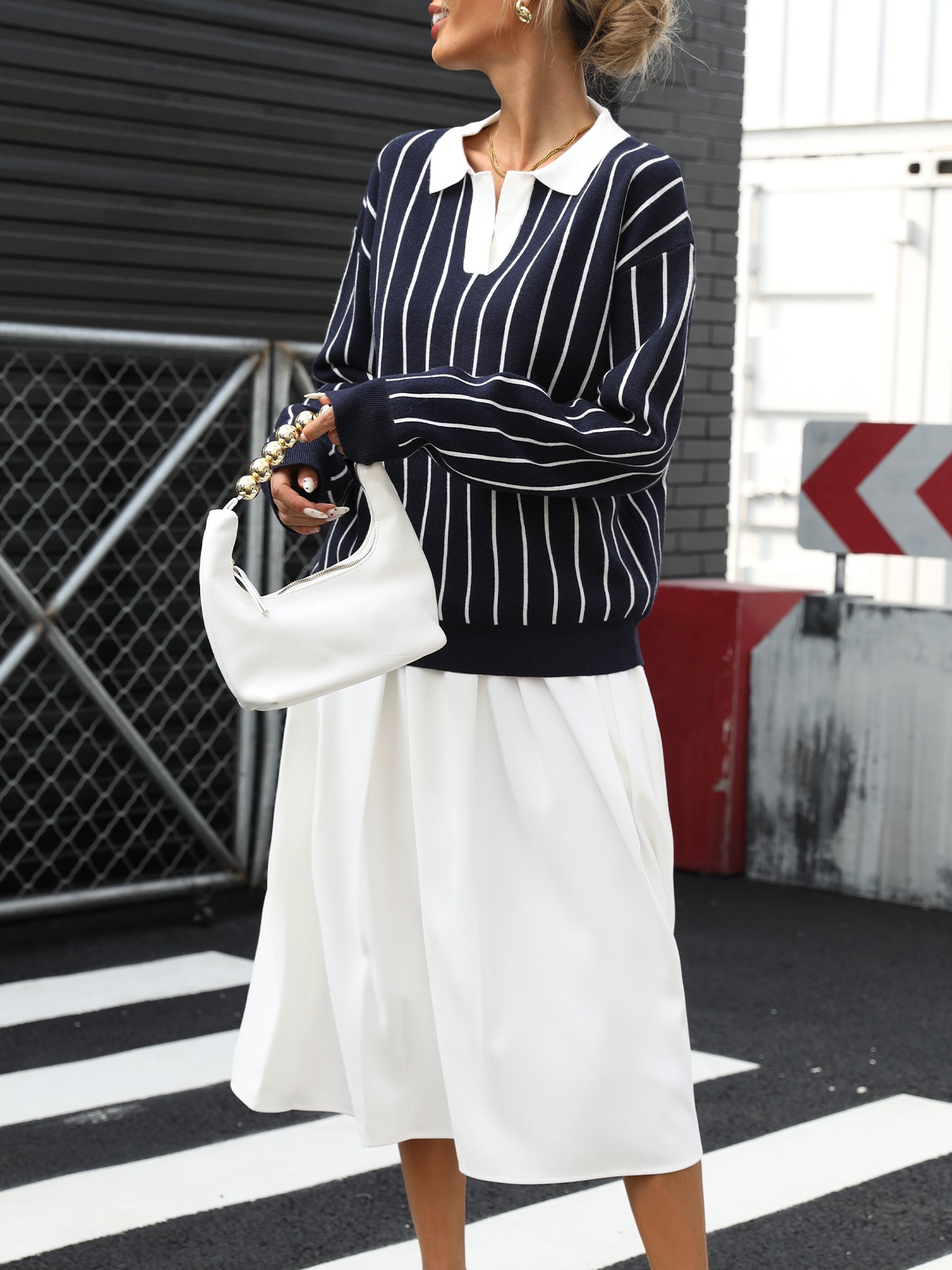 Autumn College Casual Street Trendy Polo Collar Stripes Women Sweater