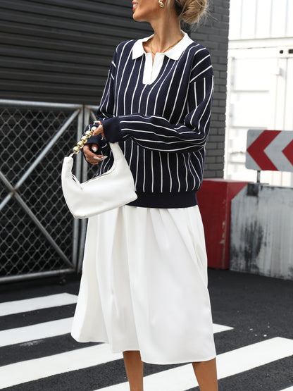 Autumn College Casual Street Trendy Polo Collar Stripes Women Sweater