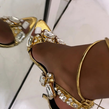 11cm Pointed Gold Rivet Rhinestone Stiletto Heels Summer Sandals Plus Size Shoes