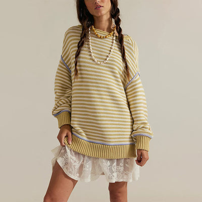Autumn Winter Women Clothing Striped Knitted Top round Neck Pullover Loose Fitting Long Sleeves Sweater