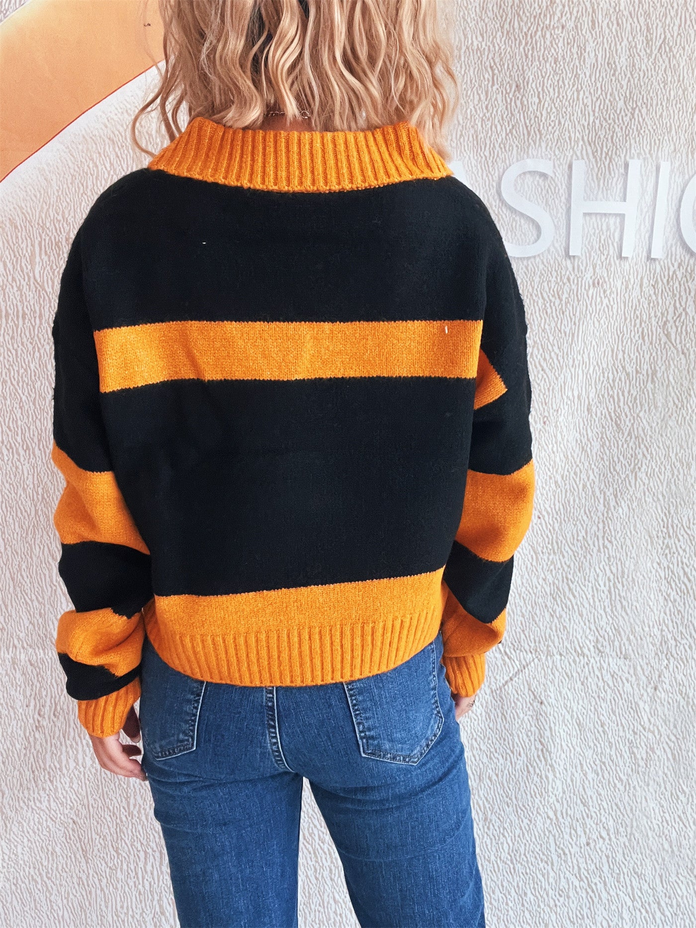 Autumn Winter Contrast Color Striped Knitted Sweater Collared Office Long Sleeve Women Pullover