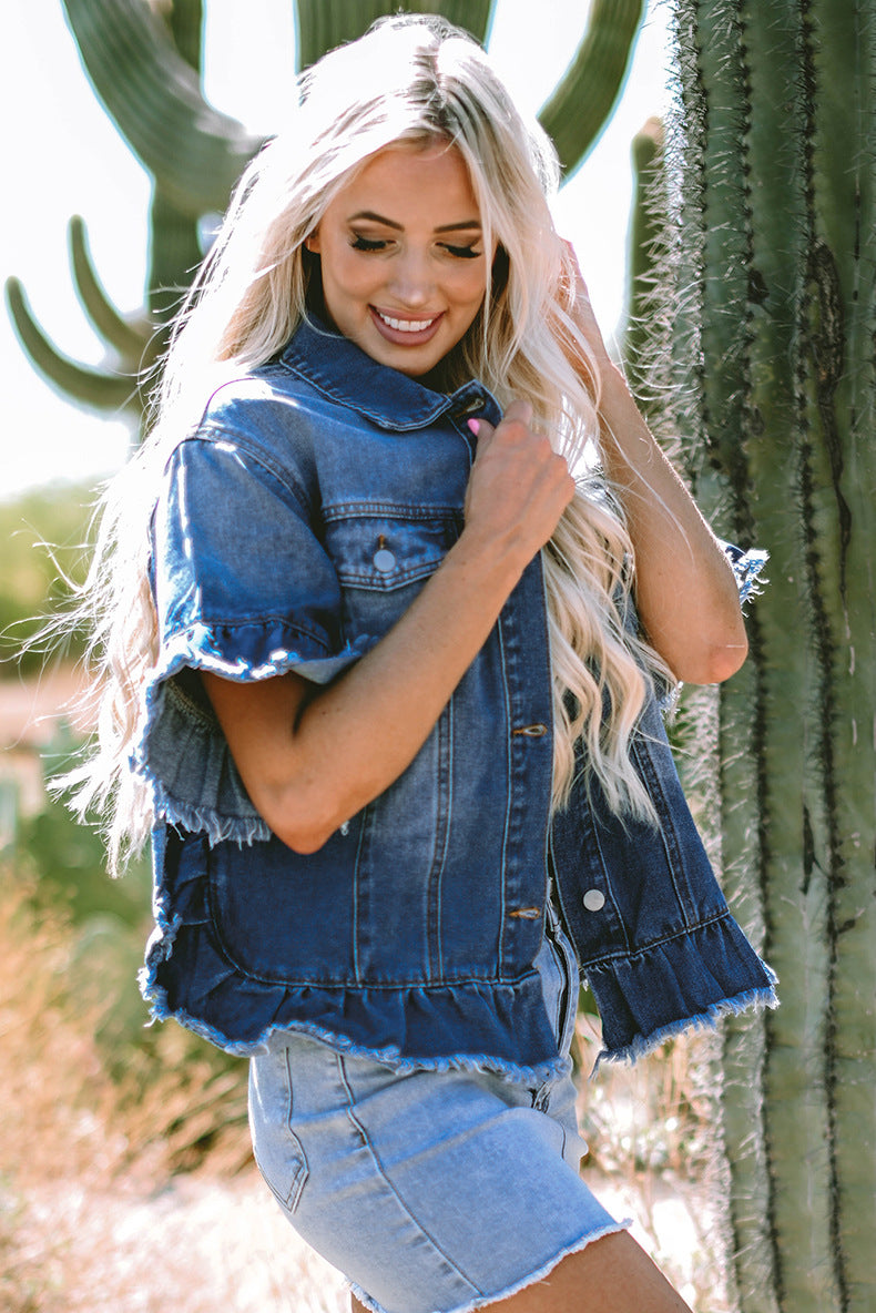 Spring Summer Gradient Color Frayed Hem Denim Jacket Women Single Row Multi Buckle Short Sleeve Top Women