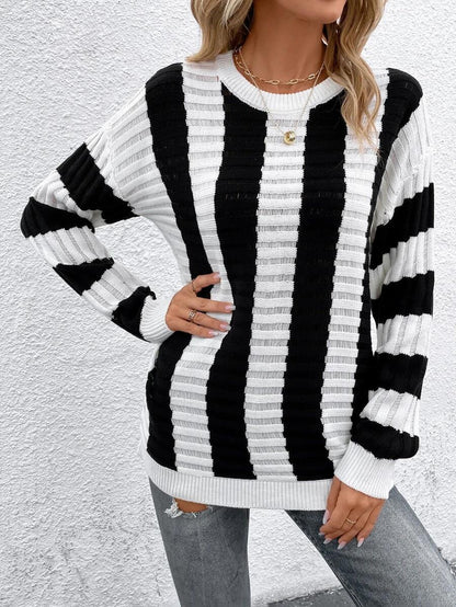 Spring Loose Sweater Women Striped Hollow Out Cutout out Long Sleeved Sweater