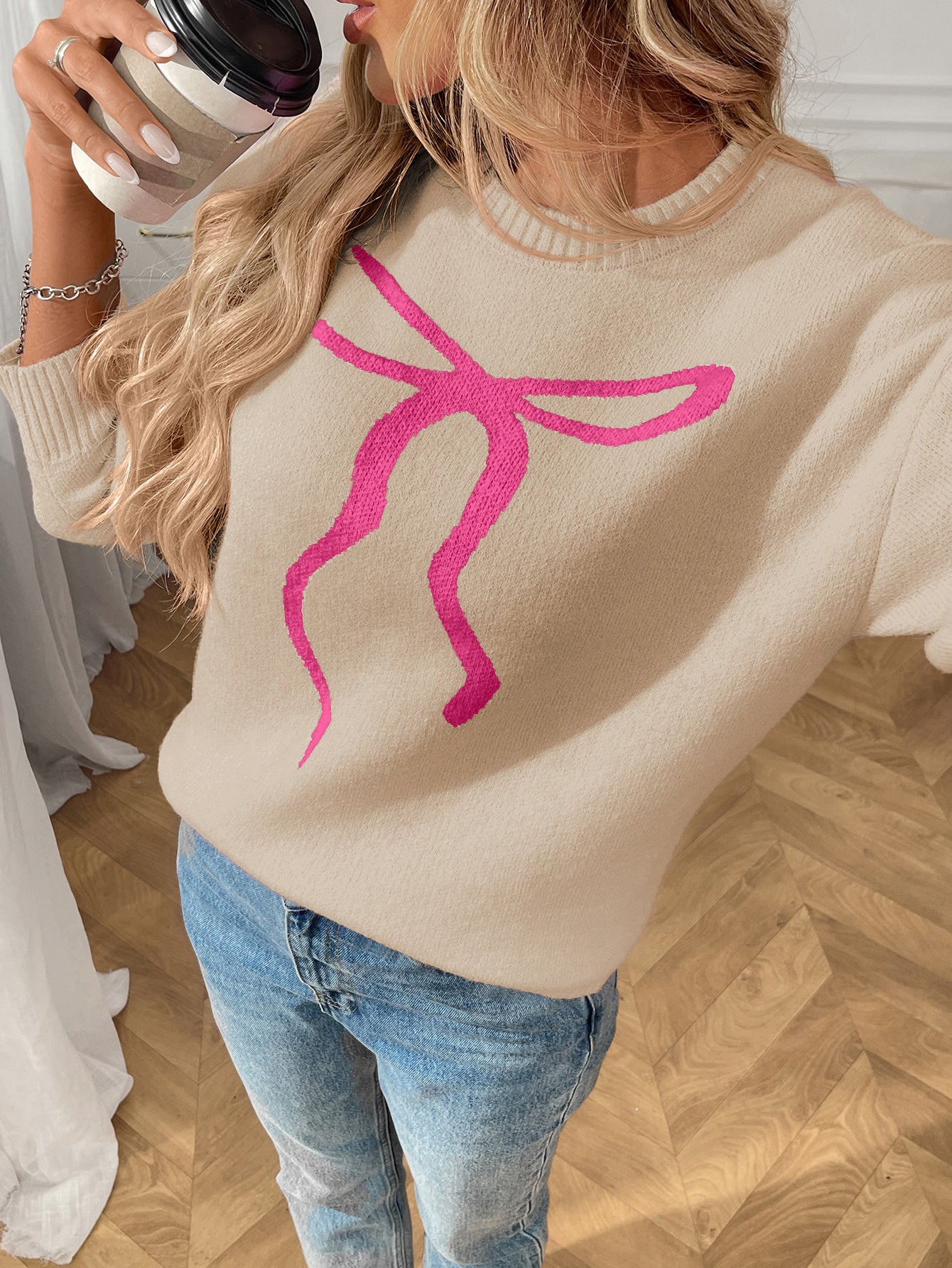 Women Clothing Retro Casual Bow Brocade Sweater