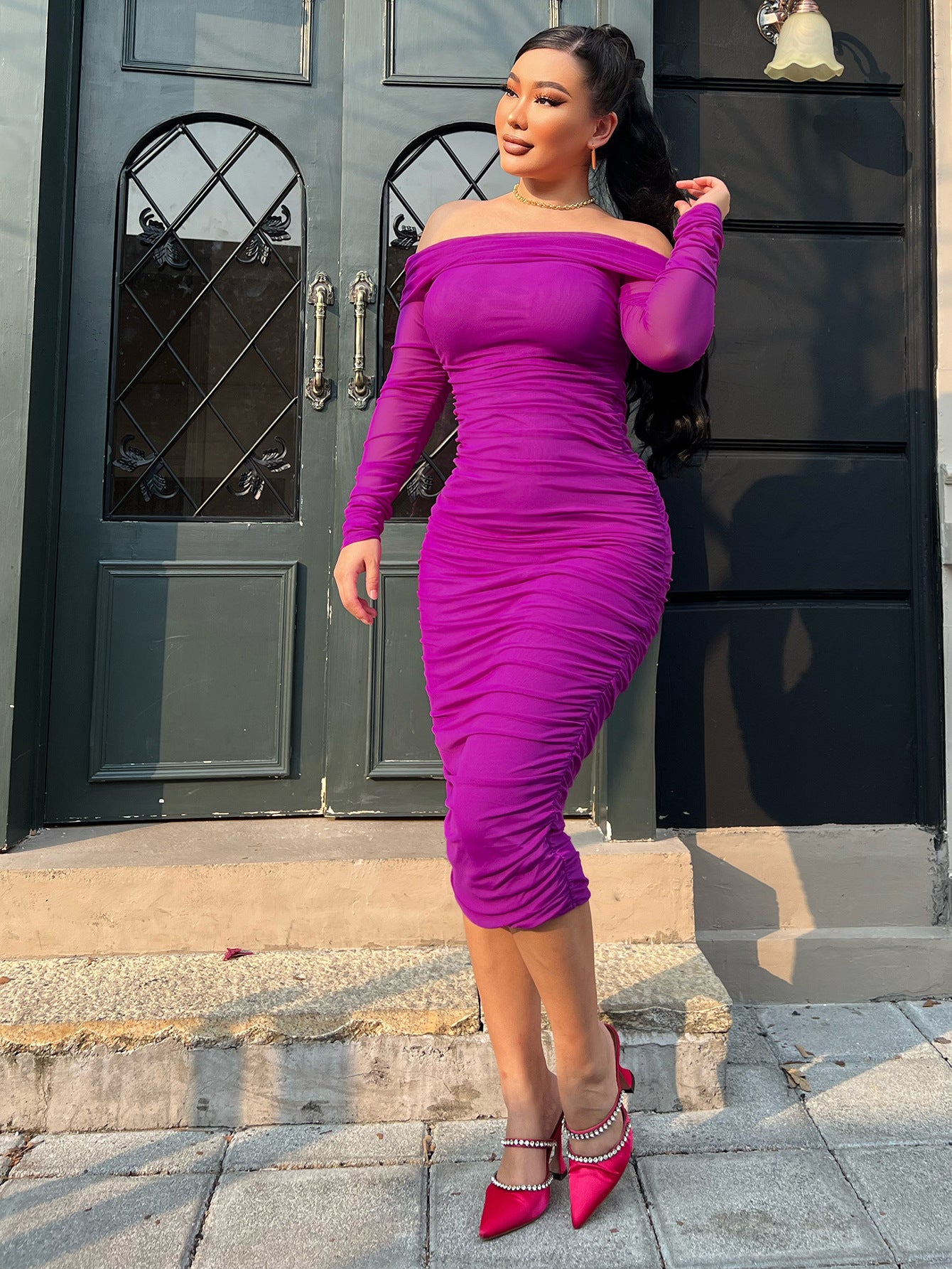 Women Solid Color Sexy Slim Party Long Sleeve off Shoulder Pleated Early Spring Dress