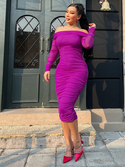 Women Solid Color Sexy Slim Party Long Sleeve off Shoulder Pleated Early Spring Dress