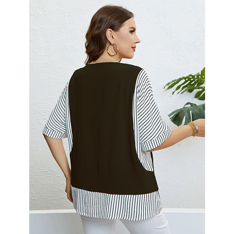 Summer round Neck Stitching Faux Two Piece Plus Size Women Top