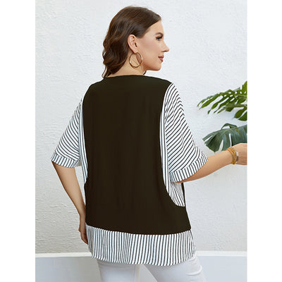 Summer round Neck Stitching Faux Two Piece Plus Size Women Top