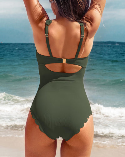 Cut Floral Conservative Solid Color One Piece Swimsuit Women Bikini Swimsuit