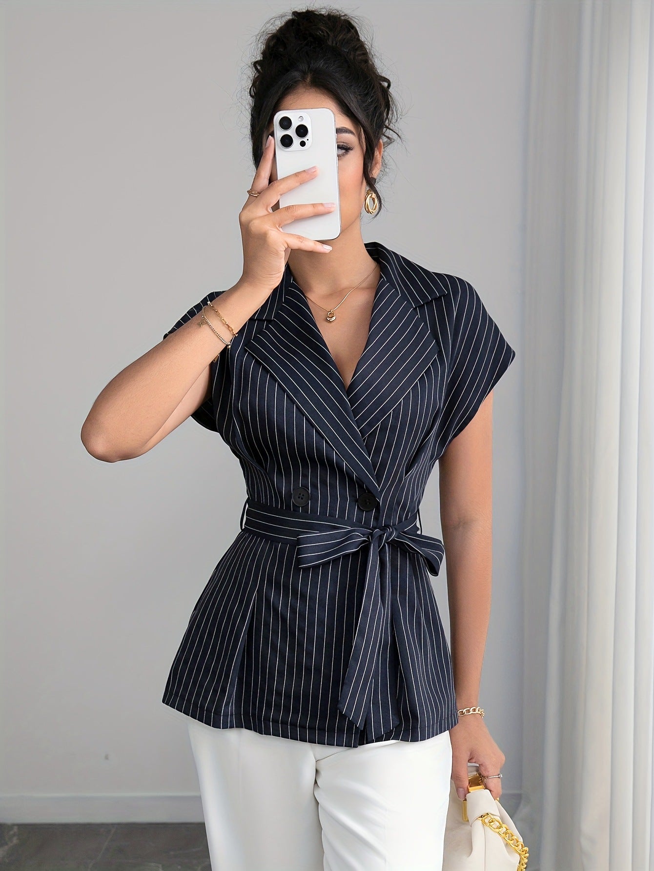 Elegant Collared Cardigan Short Sleeve Blazer Double Row Button Lace up Waist Controlled Design Shirt Women