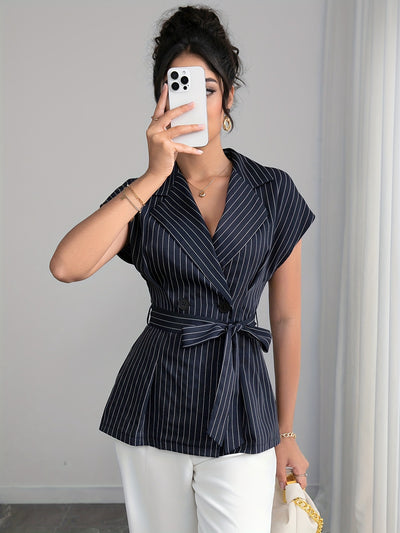 Elegant Collared Cardigan Short Sleeve Blazer Double Row Button Lace up Waist Controlled Design Shirt Women