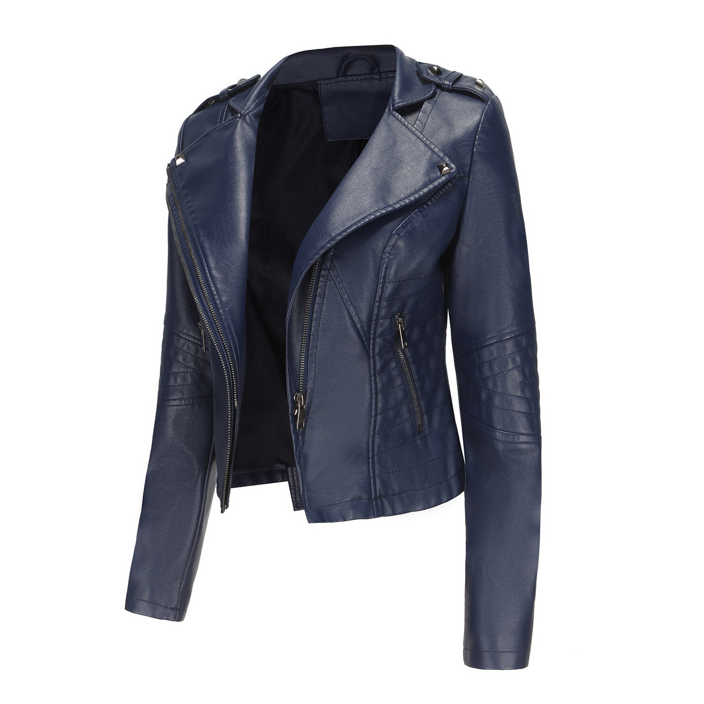 Slim Fit Long Sleeved Spring Autumn Leather Jacket Women Rivet Popular Short Jacket Zipper Leather Jacket