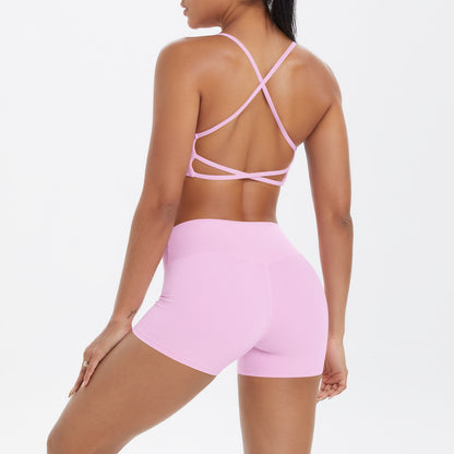Yoga Wear Sexy Skin Friendly Beauty Back Sling Sports Bra High Waist Breathable Shorts Tights Fitness Set