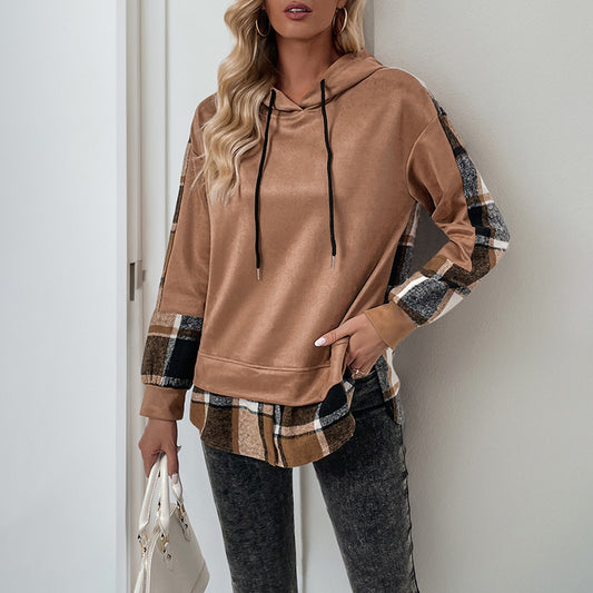 Casual Retro Long Sleeve Plaid Stitching British Velvet Faux Two Piece Hooded Sweater