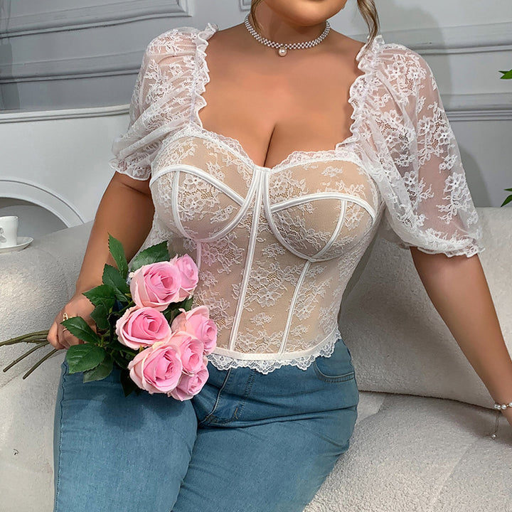 Sexy Lace See through Puff Sleeve Lace Boning Corset Top