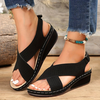 Hollow Out Cutout out Cross Strap Platform Sandals Women Velcro Solid Color Lightweight Wedge Beach Sandals