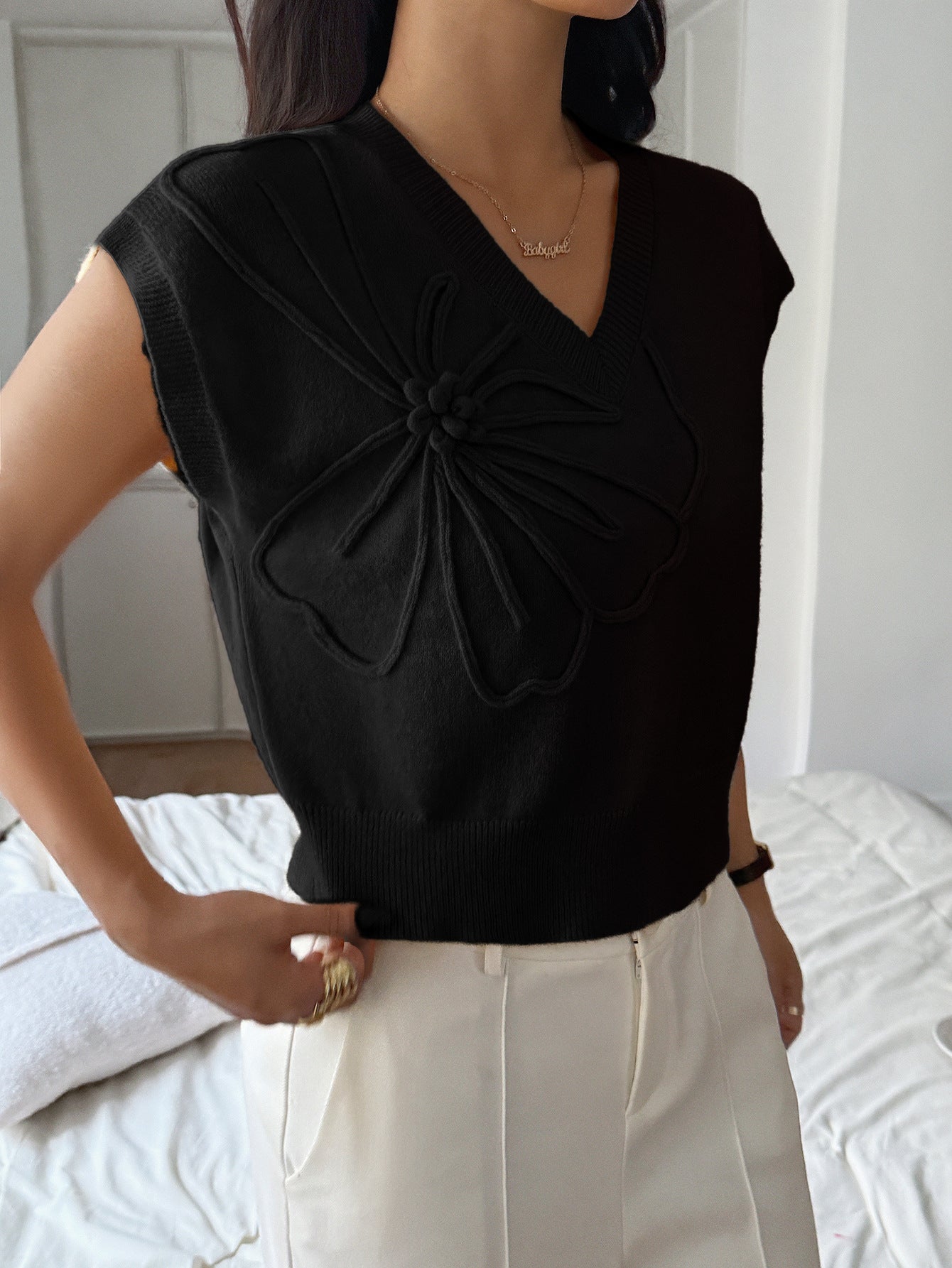 Women Clothing Autumn Winter Casual Vacation Deep V Plunge Neck Solid Color Sweater with Short Sleeves