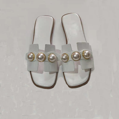 Pearl Flat Slippers Women Lightweight Low Heel Outerwear Beach Slippers Supply