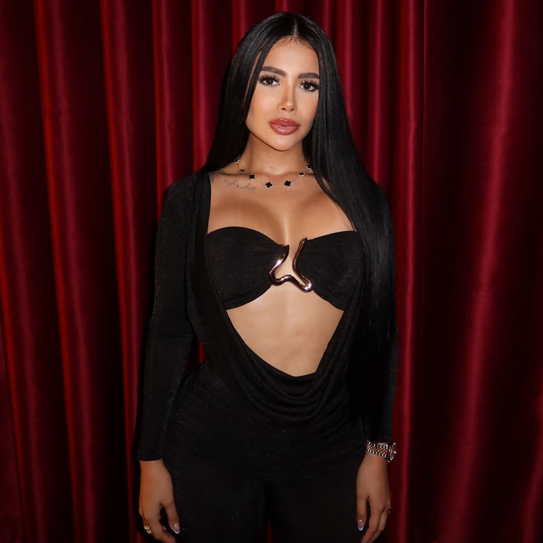 Women Clothing Fall Sexy Hollow Out Cutout Pile Collar Slim High Waist Long Sleeves Jumpsuit