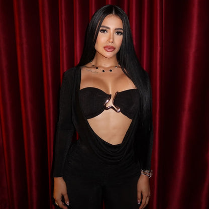 Women Clothing Fall Sexy Hollow Out Cutout Pile Collar Slim High Waist Long Sleeves Jumpsuit