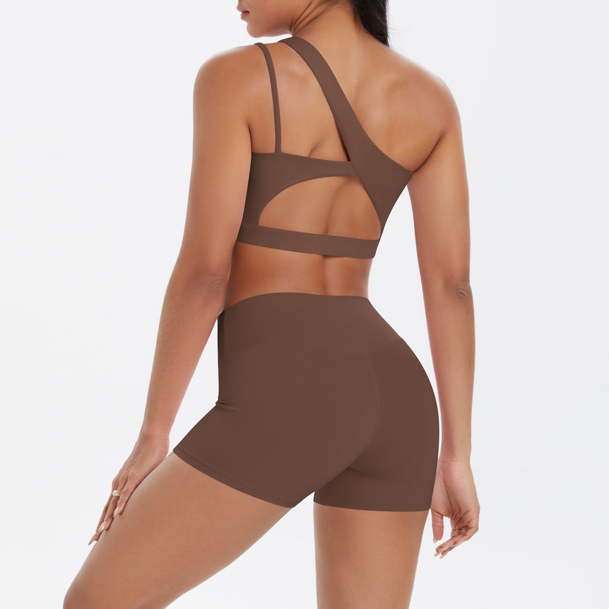 Oblique One Shoulder Beauty Back Yoga Bra Nude Feel Sports Bra Strap Running Workout Vest Shorts Set Women