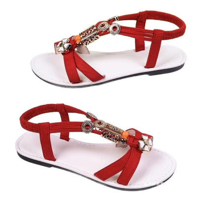 Bohemian Beaded Flat Sandals Women National Open Toe Beach Sandals