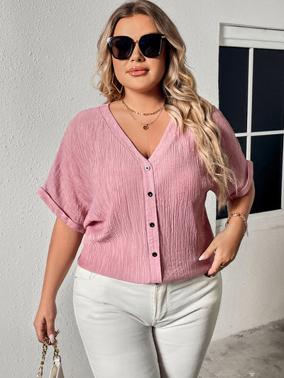 Plus Size Summer Autumn Linen V neck Buttons Loose Slimming Short Sleeve Shirt Top Women