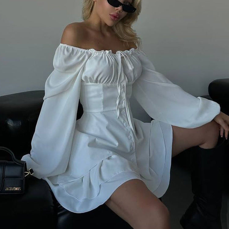 French Square Collar Graceful Puff Sleeve Fitted Waist Pleated Short Dress Women Faux Two Piece A line Dress