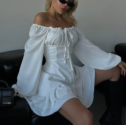 French Square Collar Graceful Puff Sleeve Fitted Waist Pleated Short Dress Women Faux Two Piece A line Dress