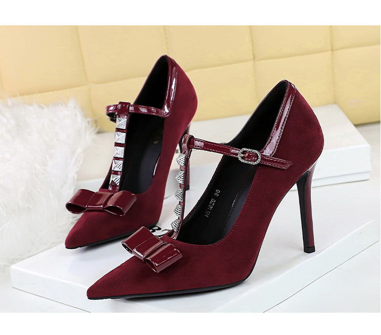 Cocktail Bow Rivet Pointed Toe High Heels Suede T Shape Buckle Sexy Women Shoes Pumps - GLAMWEARS