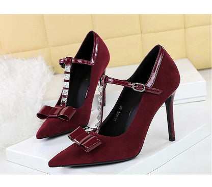 Cocktail Bow Rivet Pointed Toe High Heels Suede T Shape Buckle Sexy Women Shoes Pumps