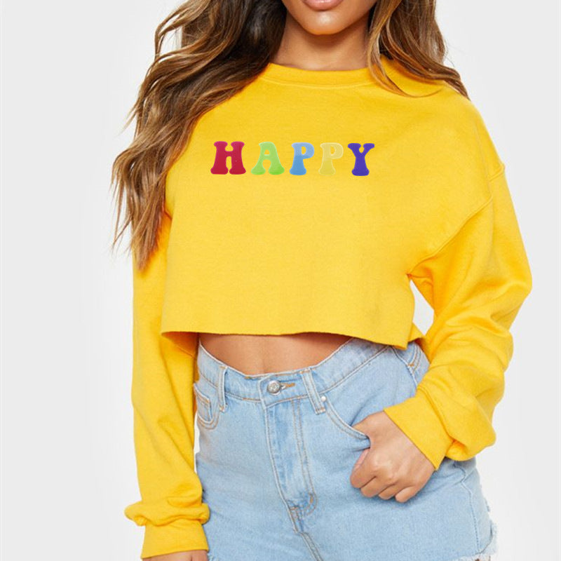 Women Clothing Autumn Winter Internet Celebrity Happy Letter Graphic Printed round Neck Loose Short Long Sleeve Sweatshirt