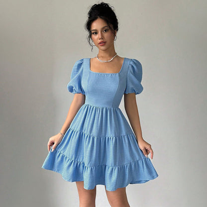 Women Elegant Fresh Sweet Dress Summer Square Collar Backless Design High Waist A line Dress