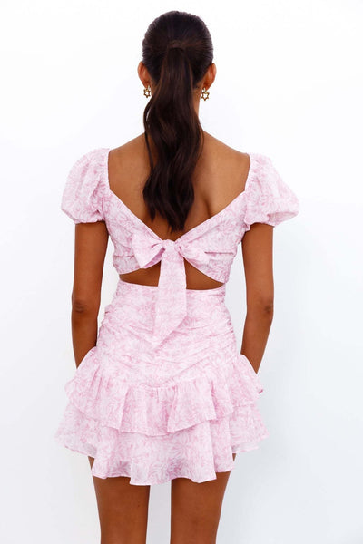 Pink Dress Summer Bow Elegant Puff Sleeve Floral Print V Neck Short Dress