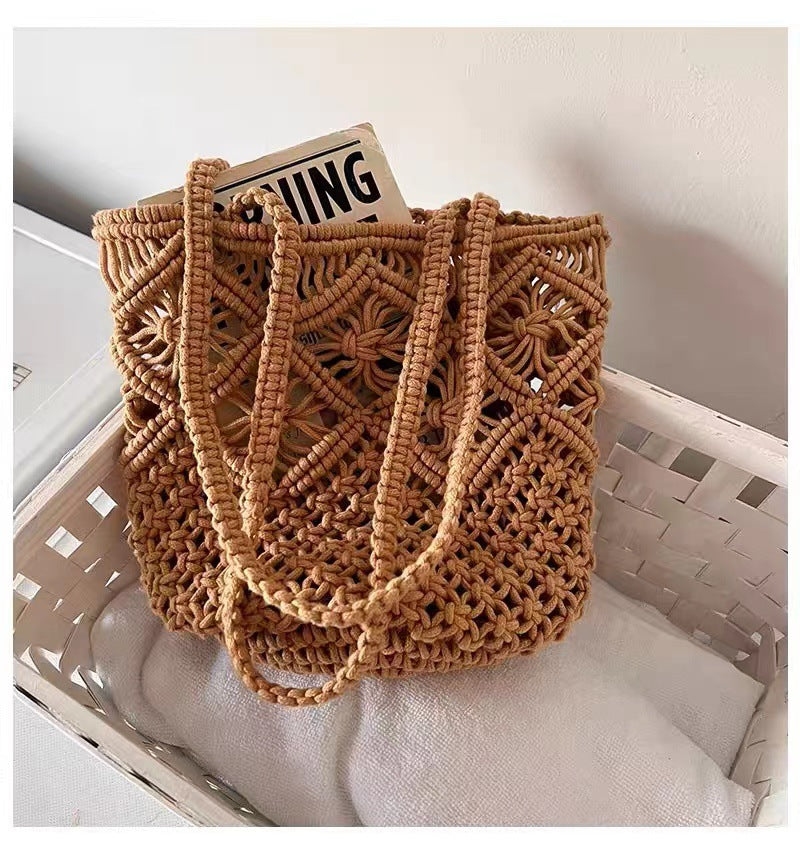 Artistic Simple Cotton Thread Shoulder Woven Bag Summer Niche Hollow Out Cutout Straw Bag Portable Women Bag Vacation Beach Bag