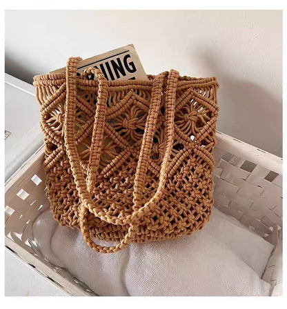 Artistic Simple Cotton Thread Shoulder Woven Bag Summer Niche Hollow Out Cutout Straw Bag Portable Women Bag Vacation Beach Bag