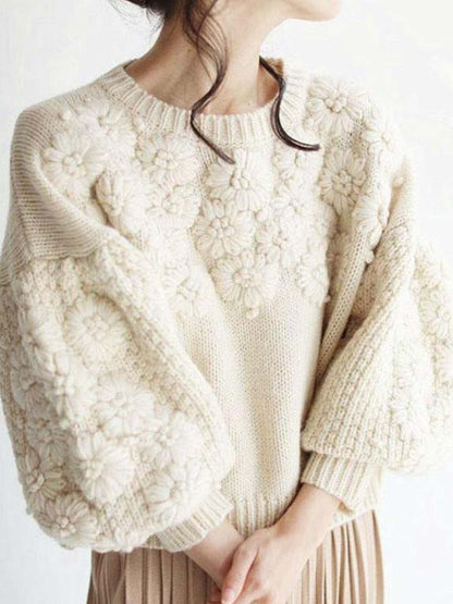 Autumn Winter Fresh Machine Embroidery Three Dimensional Little Daisy Pullover round Neck Loose Knitted Sweater