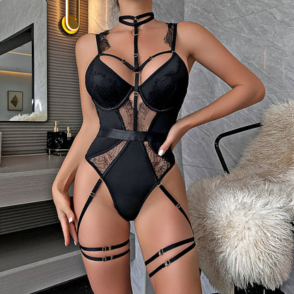 Sex Clothing Lace Sexy Low Cut Jumpsuit Sexy off Shoulder Halter Hollow Out Cutout out See through Sling Women