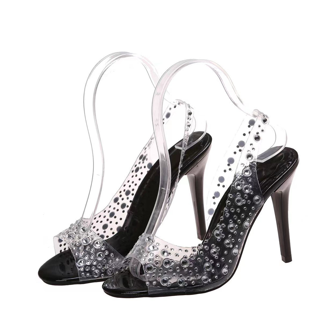 Rhinestone High Heeled Open Toe Sandals Women Pointed Toe Mixed with Crystal Fish Mouth Shoes - GLAMWEARS