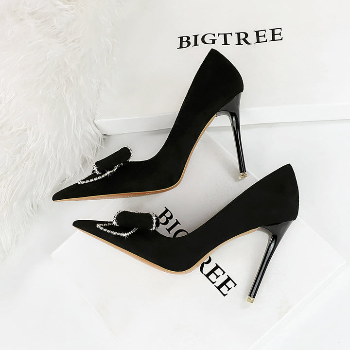 Sexy Nightclub Super High Heel Women Shoes Stiletto Suede Shallow Mouth Pointed Toe Rhinestone Bow Pumps - GLAMWEARS