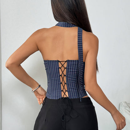 Summer Office Striped Stitching Lace Slim Backless Tube Top