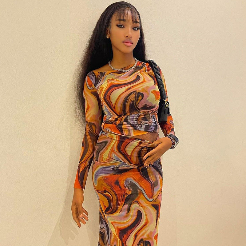 Print round Neck Long Sleeves Cropped Top Sheath Skirt Set Trendy Women