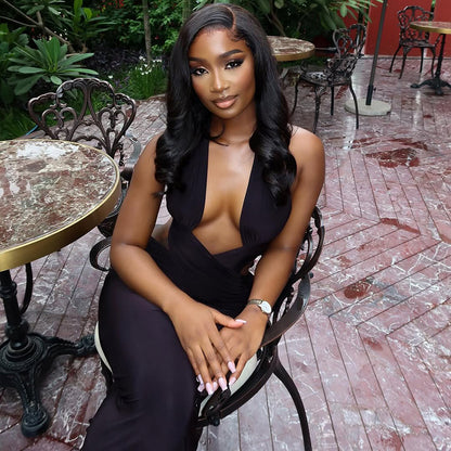 Street Solid Color Women Clothing Ruffle Hip One Step Low Cut Slim Fit Halter Slimming Maxi Dress