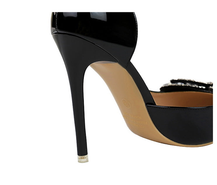 Cocktail Super High Heel Cocktail Women Shoes Patent Leather Stilettos Shallow Mouth Pointed Toe Rhinestone Bow Pumps - GLAMWEARS