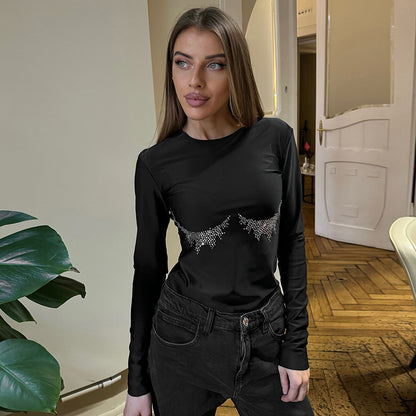 Women Clothing Summer Sexy Slim Fit Solid Color Rhinestone Long Sleeved Top